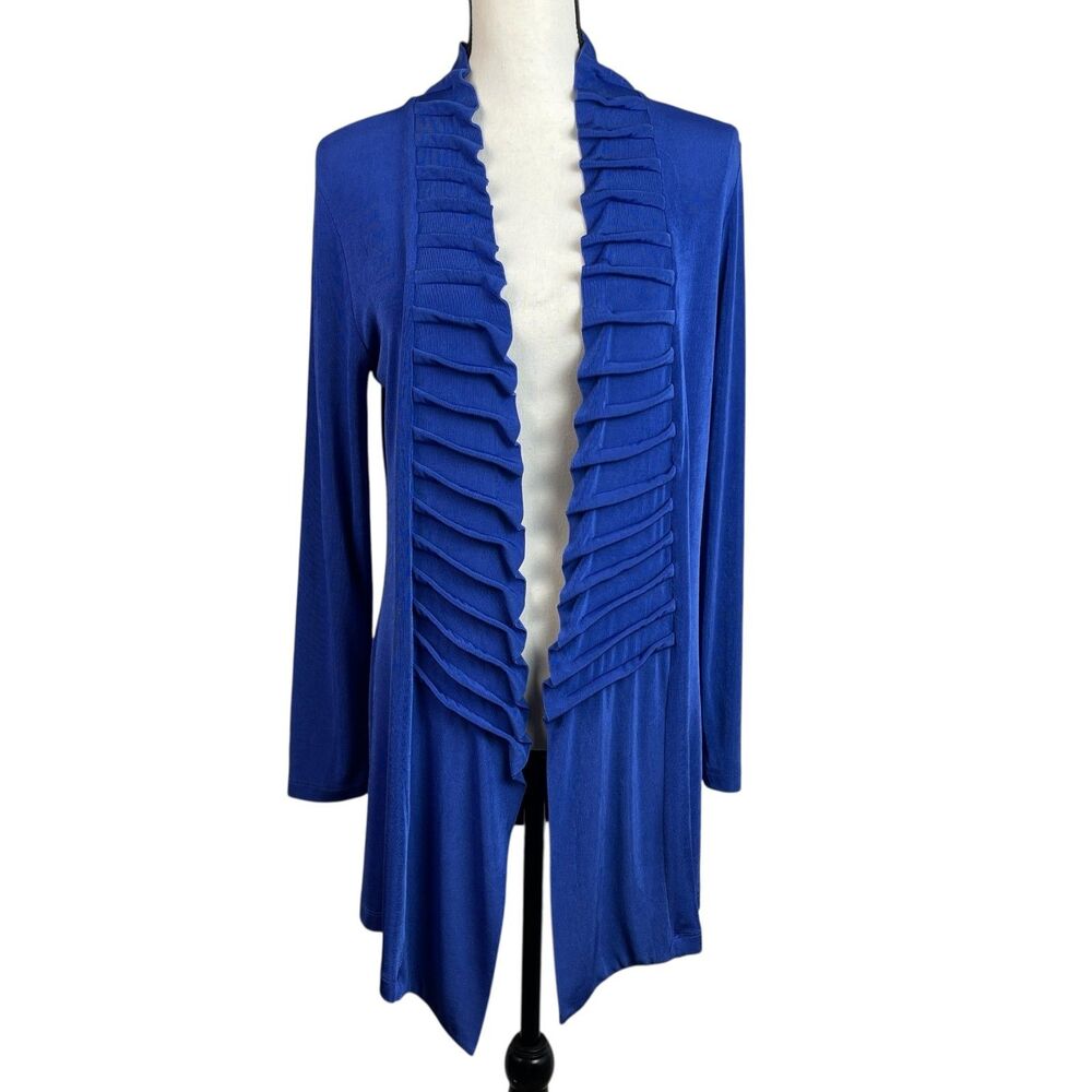 Chico’s Travelers Open Front Cardigan Size 1 (Medium) Blue Ruffle Long Sleeve